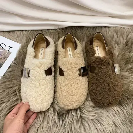 羊羔毛毛鞋女冬外穿2023新款韩版复古平底一脚蹬豆豆鞋女加绒棉鞋商品大图