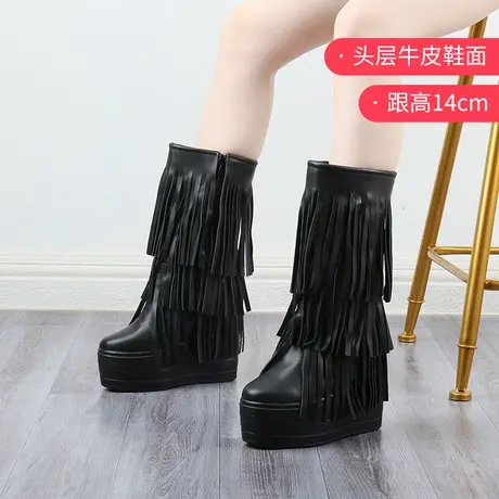 内增高长靴女坡跟小个子毛毛高筒真皮时尚流苏雪地棉靴厚底长筒靴商品大图