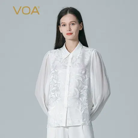 VOA桑蚕丝月牙提花茶白POLO领拼接乔其衬衫袖单排扣直筒真丝衬衫图片
