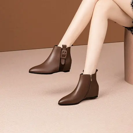 2023秋冬新款短靴真皮马丁靴女坡跟短靴棕色女靴子内增高复古百搭商品大图