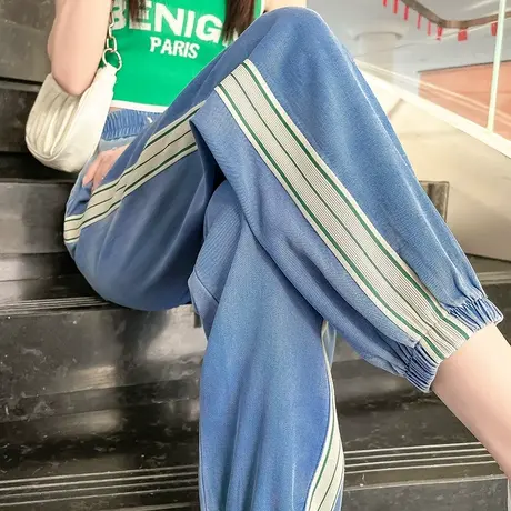 休闲天丝牛仔裤女夏季薄款2024新款高腰哈伦束脚条纹冰丝空调女裤商品大图