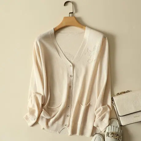 清仓！针织开衫女薄款V领长袖早春新款冰丝外搭防晒空调衫商品大图