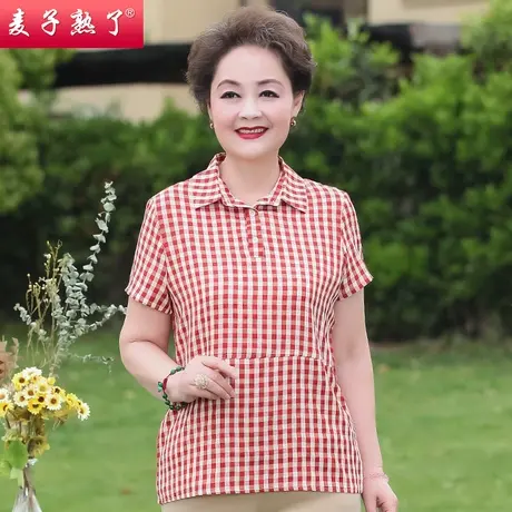 妈妈夏装休闲格子小衫上衣服中老年人女装洋气短袖T恤春夏新款薄商品大图