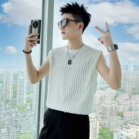 男士背心吊带夏季无袖T恤潮牌百搭个性上衣打底衫纯色潮流ins体恤商品大图