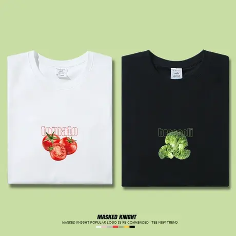 夏季港风情侣装蔬菜印花西兰花番茄西红柿短袖t恤男学生宽松半袖商品大图