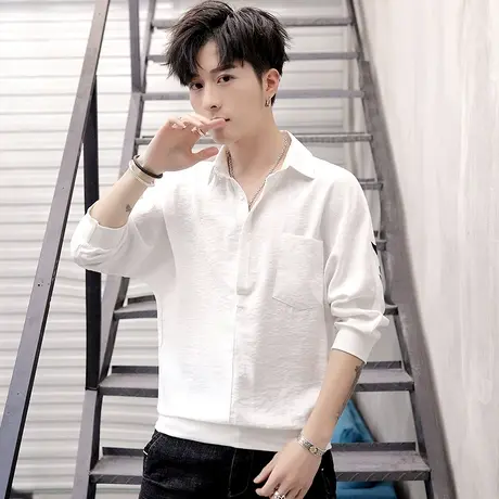 夏季宽松短袖t恤男士韩版潮流七分袖衬衫领上衣日系男装中袖体恤图片