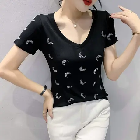 时尚V领网纱T恤女短袖欧货性感小衫百搭修身气质上衣设计感小众潮商品大图