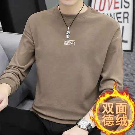 德绒卫衣男秋冬保暖双面绒字母印花圆领无帽长袖t恤宽松潮流百搭商品大图