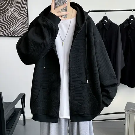 华夫格卫衣男士2023秋冬新款潮牌宽松青少年上衣拉链连帽开衫外套图片