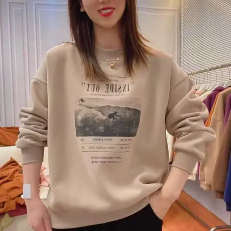 时尚女装小个子港风加绒加厚卫衣女2022秋冬风景印花宽松休闲外套图片