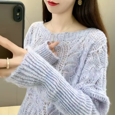 圆领镂空针织衫2025年春新款宽松大码勾花时尚花纱打底衫套头潮商品大图