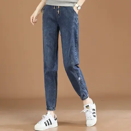 韩潮袭人松紧高腰刺绣牛仔裤女2024春新款束脚宽松哈伦长裤子薄商品大图