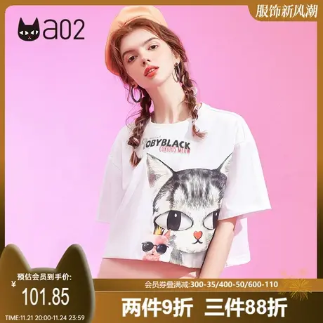 a02夏季短款猫咪印花甜美圆领T恤女时尚宽松潮流设计感短袖上衣女商品大图