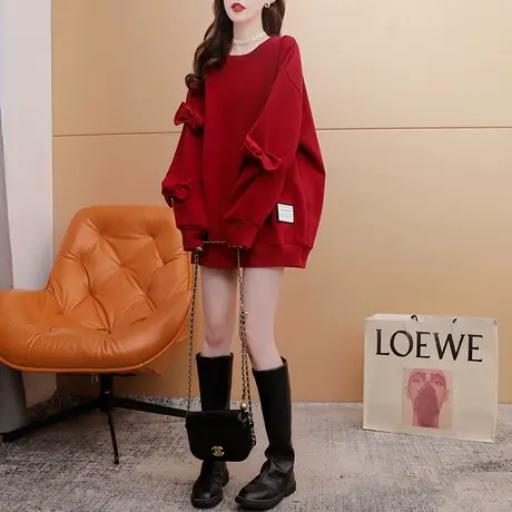 加绒加厚卫衣女中长款2024新款早春季爆款洋气宽松设计感红色外套商品大图