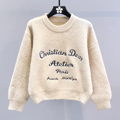 美式复古字母刺绣毛衣女秋冬2023新款宽松慵懒风加厚打底针织上衣图片