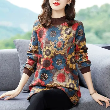 复古时尚中长款加绒加厚打底衫女2024冬季新款妈妈上衣保暖小衫女图片