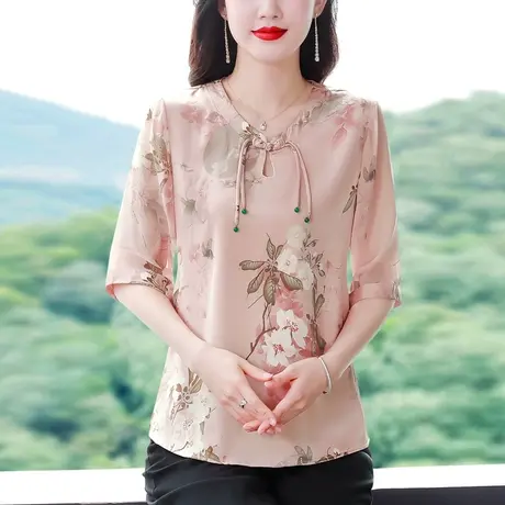 中袖雪纺衫女夏季2023年新款时尚七分袖女上衣洋气中年大妈妈衬衫商品大图