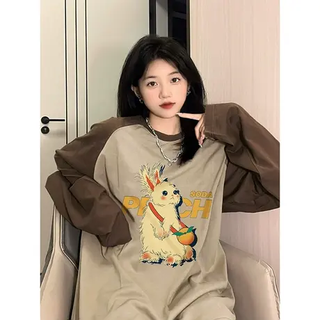 百搭上衣宽松女士打底衫纯棉2023秋冬新款插肩印花长袖t恤女爆款图片