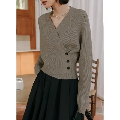 弥古灰色毛衣慵懒高级感女秋冬交叉v领针织衫设计感小众收腰上衣商品大图