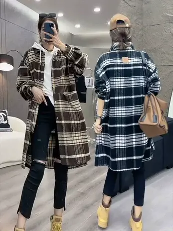欧货重磅早秋2023新款百搭咖色撞色格子外套长袖女装高级感上衣潮商品大图