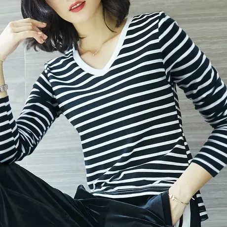 雀后秋装新款女装韩版修身百搭v领长袖黑白条纹打底衫T恤上衣潮图片