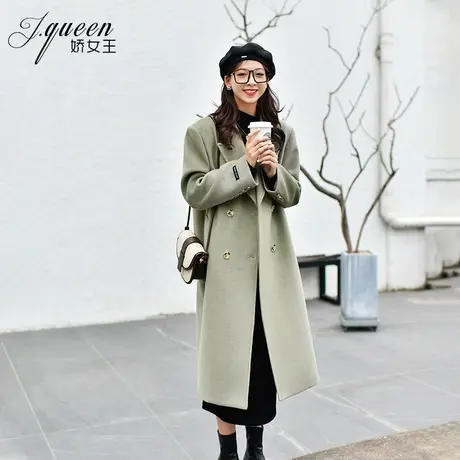 毛呢西装外套女秋冬新款绿色中长款韩系宽松显瘦休闲呢子西服大衣图片