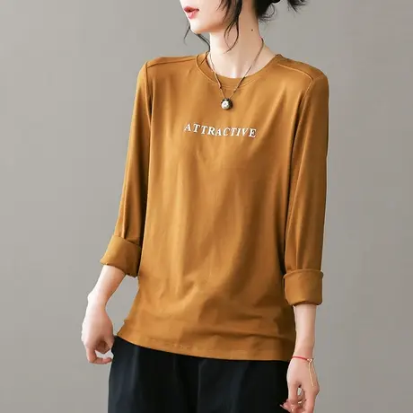 dza复古宽松长袖t恤女士春季新款休闲圆领棉质打底衫短款内搭上衣商品大图