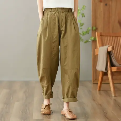 dza 高腰显瘦全棉休闲裤女2023夏季薄款九分阔腿裤宽松百搭哈伦裤图片