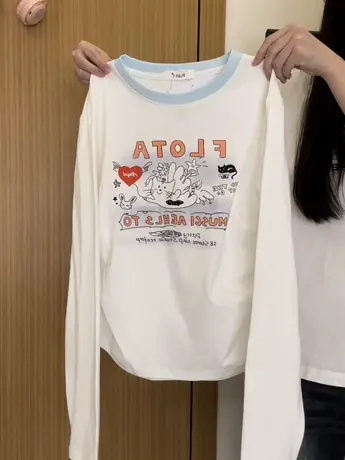 红续趣味涂鸦猫咪字母拼色长袖T恤女日系风显瘦内搭上衣秋冬新款商品大图