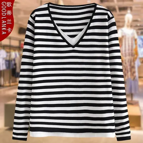 大码妈妈春装冰丝打底衫上衣宽松洋气中年条纹V领假两件针织衫女图片