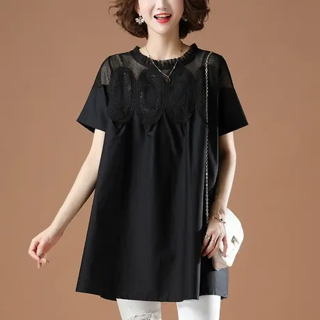 短袖t恤女夏季加肥加大码女装宽松中长款蕾丝拼接遮肚子显瘦体恤商品大图