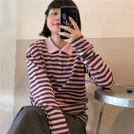 红续韩版纯棉撞色Polo领条纹长袖t恤女2023年秋季新款宽松上衣薄图片