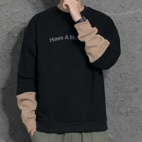 2021秋冬新款男士卫衣宽松圆领百搭韩版潮流休闲拼色青年长袖外套商品大图