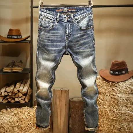 高端底印花牛仔裤男款修身小脚裤欧美潮牌复古做旧水洗耐磨裤子商品大图