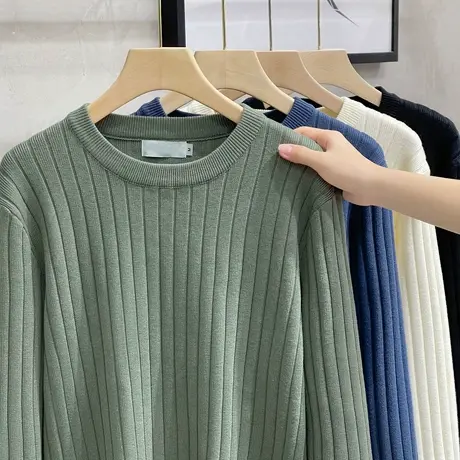 亲肤厚款打底圆领毛衣男士秋冬装2023坑条肌理针织衫男保暖毛线衣图片