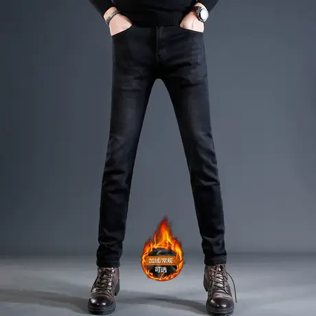 高端黑色加绒牛仔裤男冬季修身小脚2023新款弹力加厚保暖男士长裤商品大图