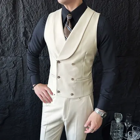 意式青果领双排扣马甲男垂感百搭无袖坎肩搭配那不勒斯高腰裤一套商品大图