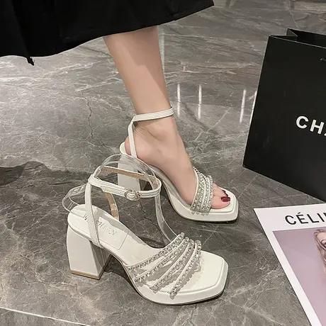 仙女风粗跟高跟凉鞋女夏季新款2023年气质名媛水钻露趾小个子女鞋商品大图