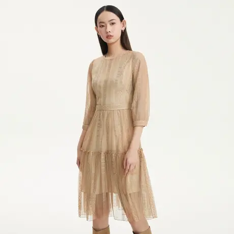 LANCY/悦朗姿气质蕾丝网纱连衣裙子女秋季新款高级假两件裙子奥莱图片