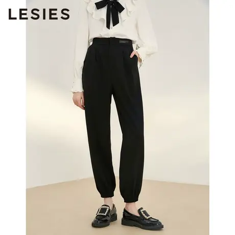 LESIES蓝色倾情春秋女装新款黑色OL简约徽标装饰时尚直筒裤长裤商品大图