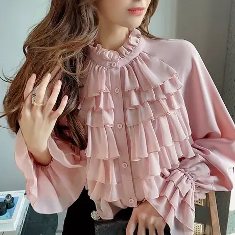 粉红大布娃娃春名媛气质木耳边衬衫图片