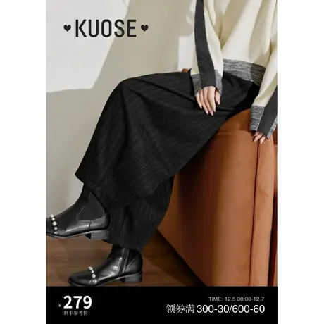 阔色黑灰色竖条纹薄毛呢休闲裤女2023新款秋冬季九分香蕉裤长裤子商品大图