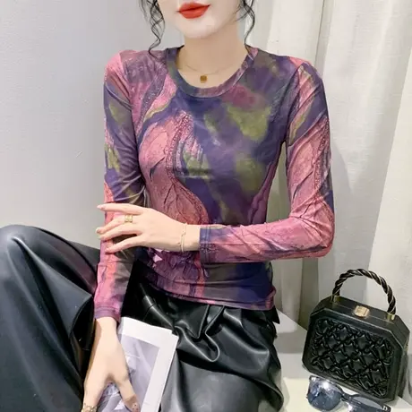 欧货复古网纱圆领打底衫长袖印花时尚气质内塔上衣女修身显瘦T恤商品大图