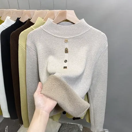 一体绒半高领毛衣女加绒厚打底衫2023秋冬新款针织衫内搭洋气上衣商品大图