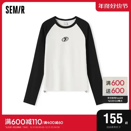 [商场同款]森马永久联名长袖T恤女刺绣抽绳2024春新款修身针织衫商品大图