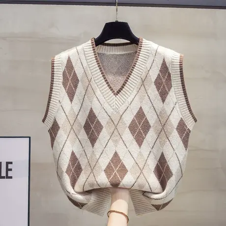 学院风菱格v领针织马甲背心女2025春秋新款宽松外穿马夹毛衣坎肩商品大图