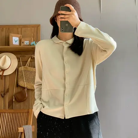 dza复古薄绒拼接小翻领长袖T恤女春秋新款宽松上衣休闲显瘦打底衫图片