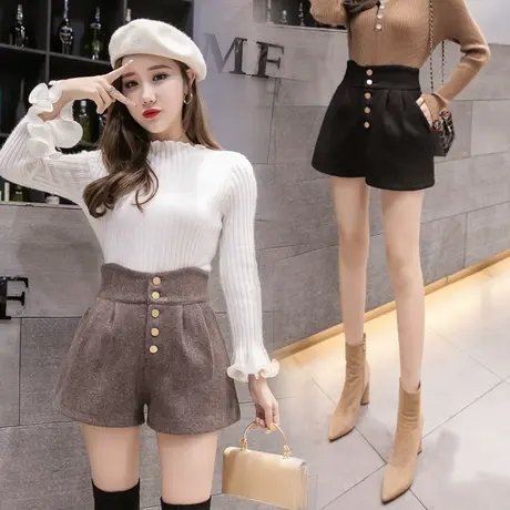 毛呢短裤女2023秋冬季韩版高腰呢子A字阔腿宽松显瘦靴裤外穿百搭商品大图