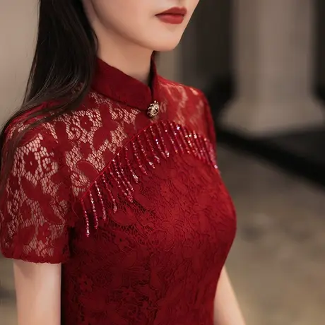 旗袍敬酒服新娘2023新款平时可穿酒红色订婚回门小礼服连衣裙鱼尾图片