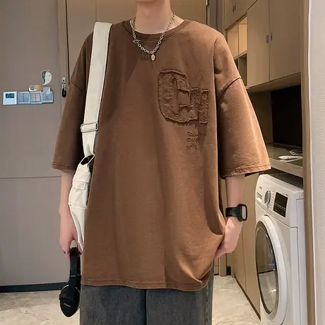 短袖t恤男夏季贴布字母简约纯棉情侣半袖宽松潮流薄款休闲上衣服商品大图